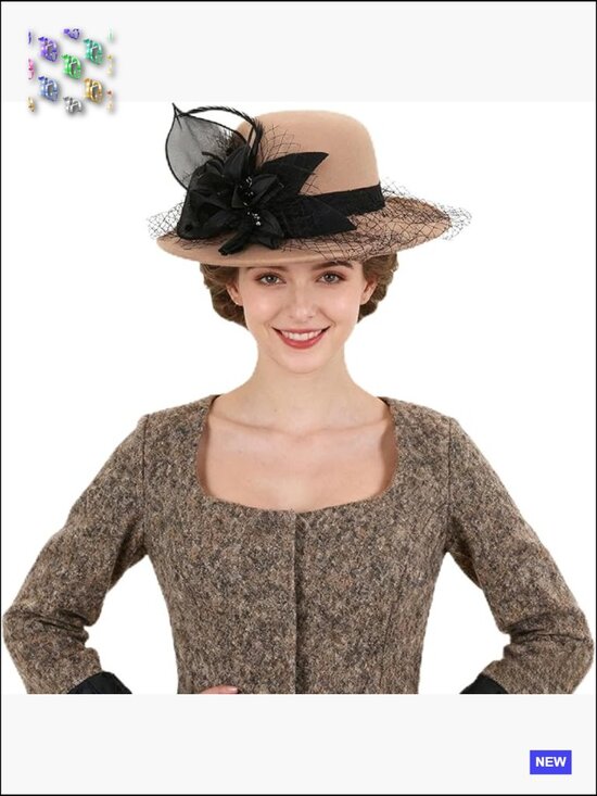 Vintage Wide Brim Fedora Hat with Floral Accents and Mesh Veil Adjustable